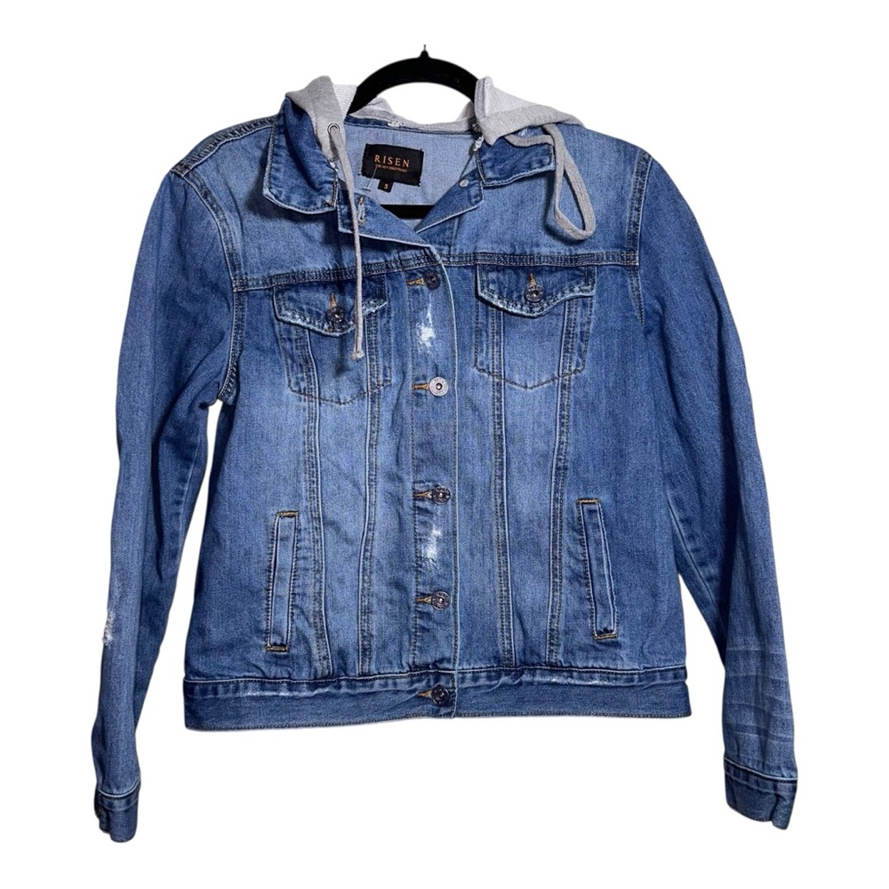 RISEN‎ JEANS Distressed Medium Wash Detachable Hood Denim Jacket Size Small